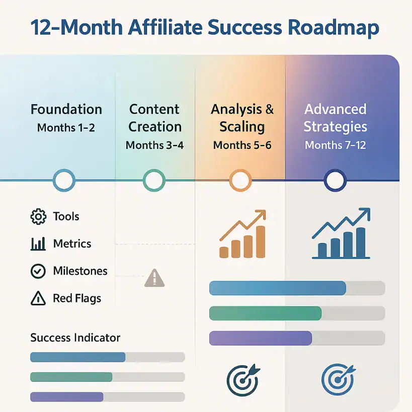 Affiliate Success Roadmap: Foundation, Content, Scaling, Advanced Strategies.